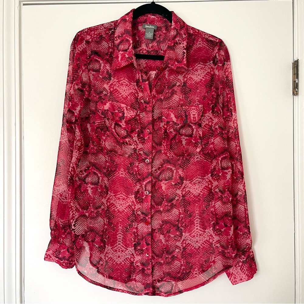 Neiman Marcus‎ Snake Print Pink Button Blouse Top Women's Size Medium